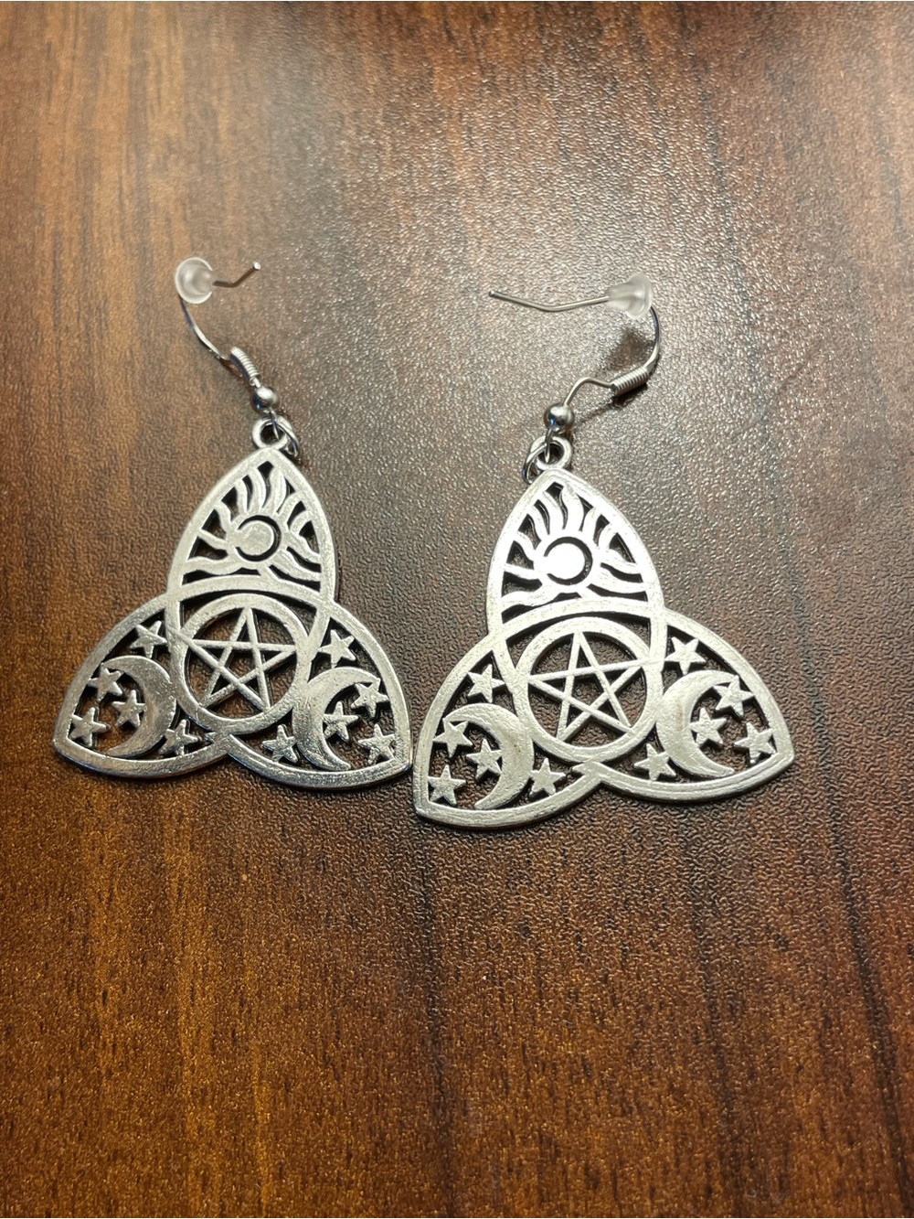 Silver Celestial Pentacle Dangle Earrings - Intricate Triquetra Design